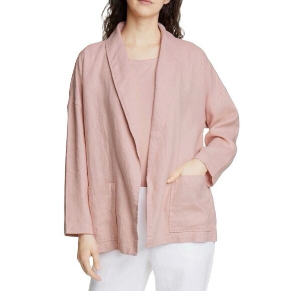 Eileen Fisher Organic Linen Cardigan Small Shawl Collar Open Front Pink Blazer - Picture 7 of 15